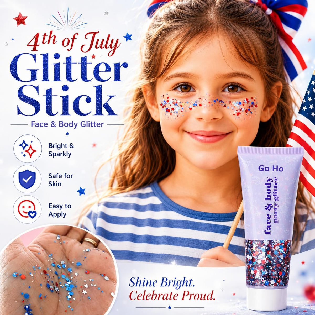 Go Ho applied on cheek and shoulder offering festive face and body shimmer