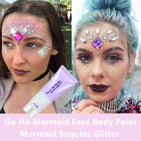 Go Ho glitter worn on face and hair at festival showing color-shift brilliance