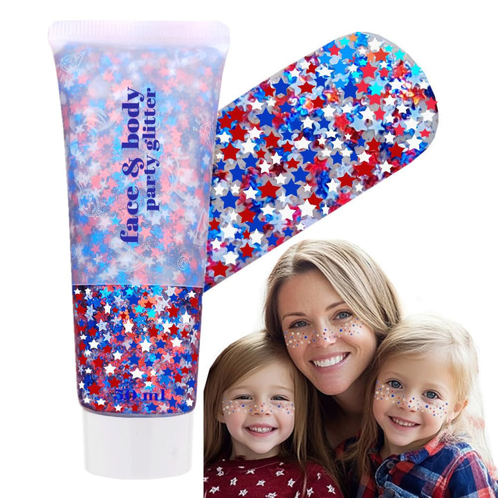 Go Ho front packaging showing patriotic glitter gel benefit: instant festival sparkle