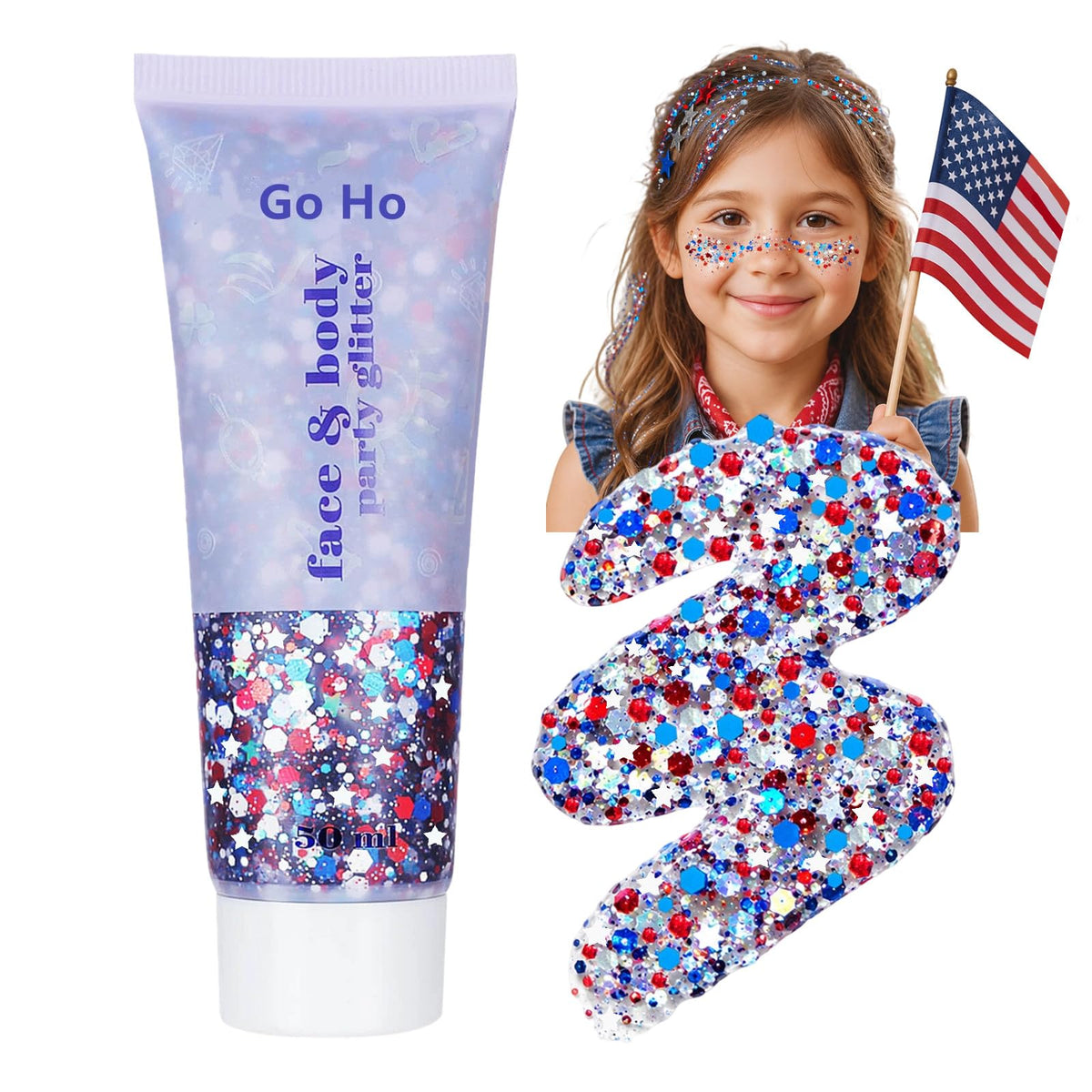 Go Ho front packaging showing patriotic glitter gel and clear jar benefit: eye-catching presentation