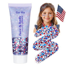 Go Ho front packaging showing patriotic glitter gel and clear jar benefit: eye-catching presentation