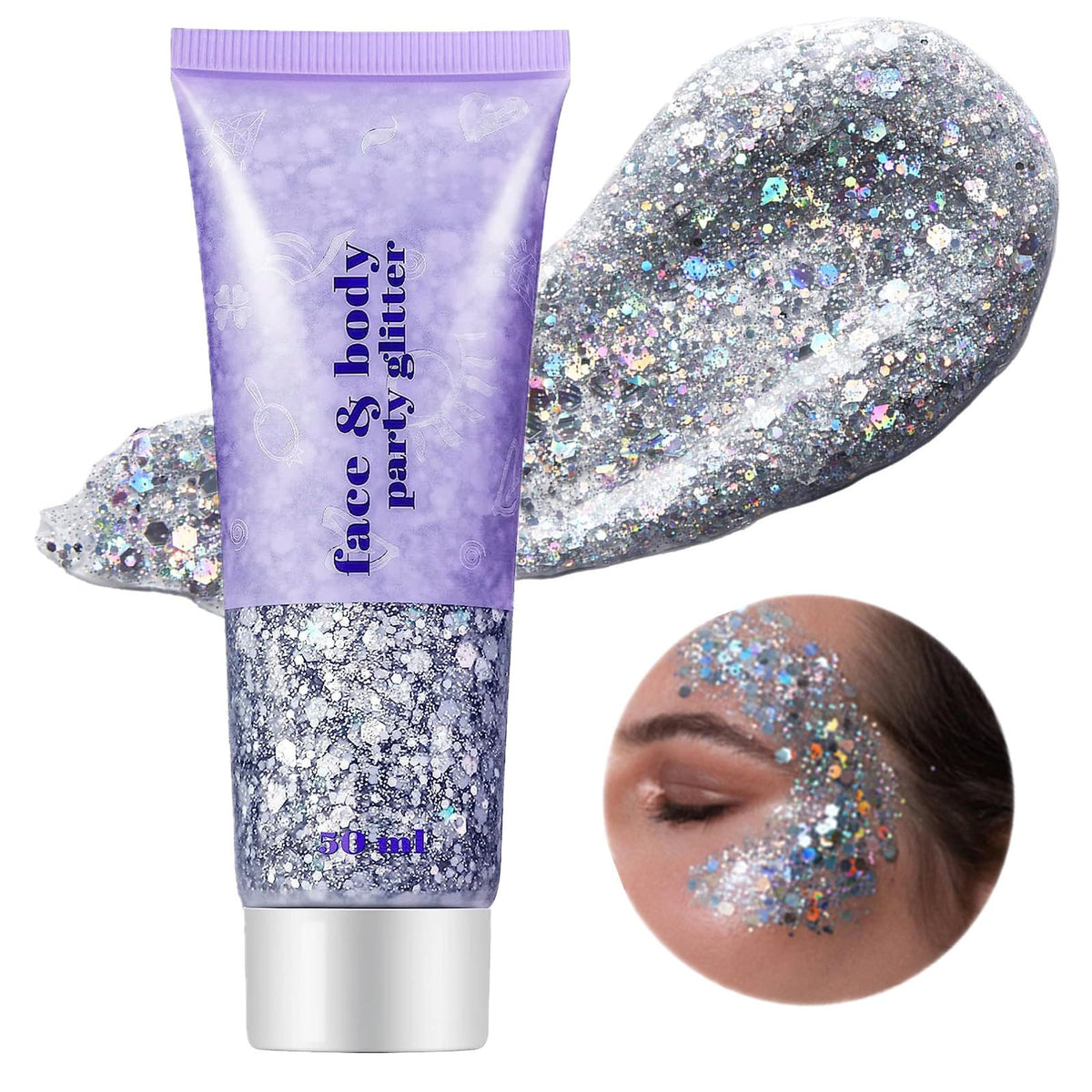 Go Ho front tube showing silver glitter gel and clear branding for instant shimmer