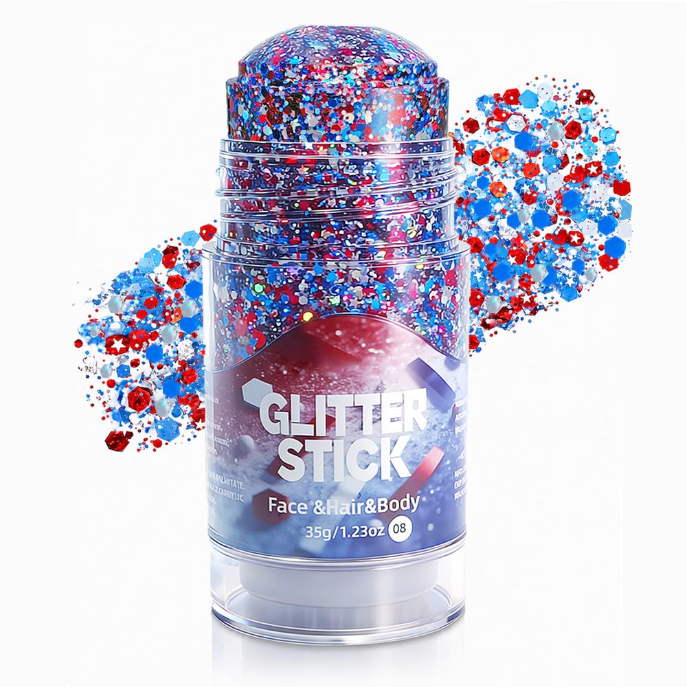 Go Ho glitter stick front packaging showing patriotic red white blue design and benefits
