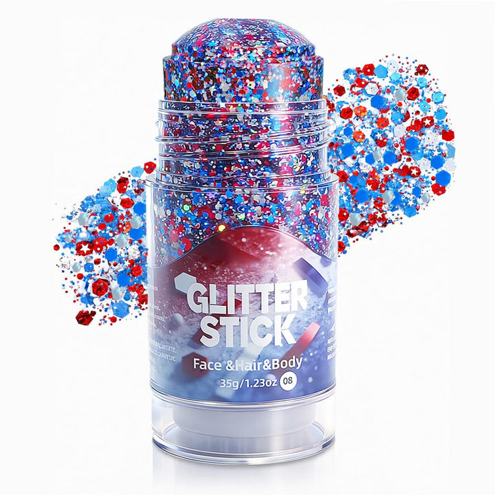 Go Ho glitter stick front packaging showing patriotic red white blue design and benefits