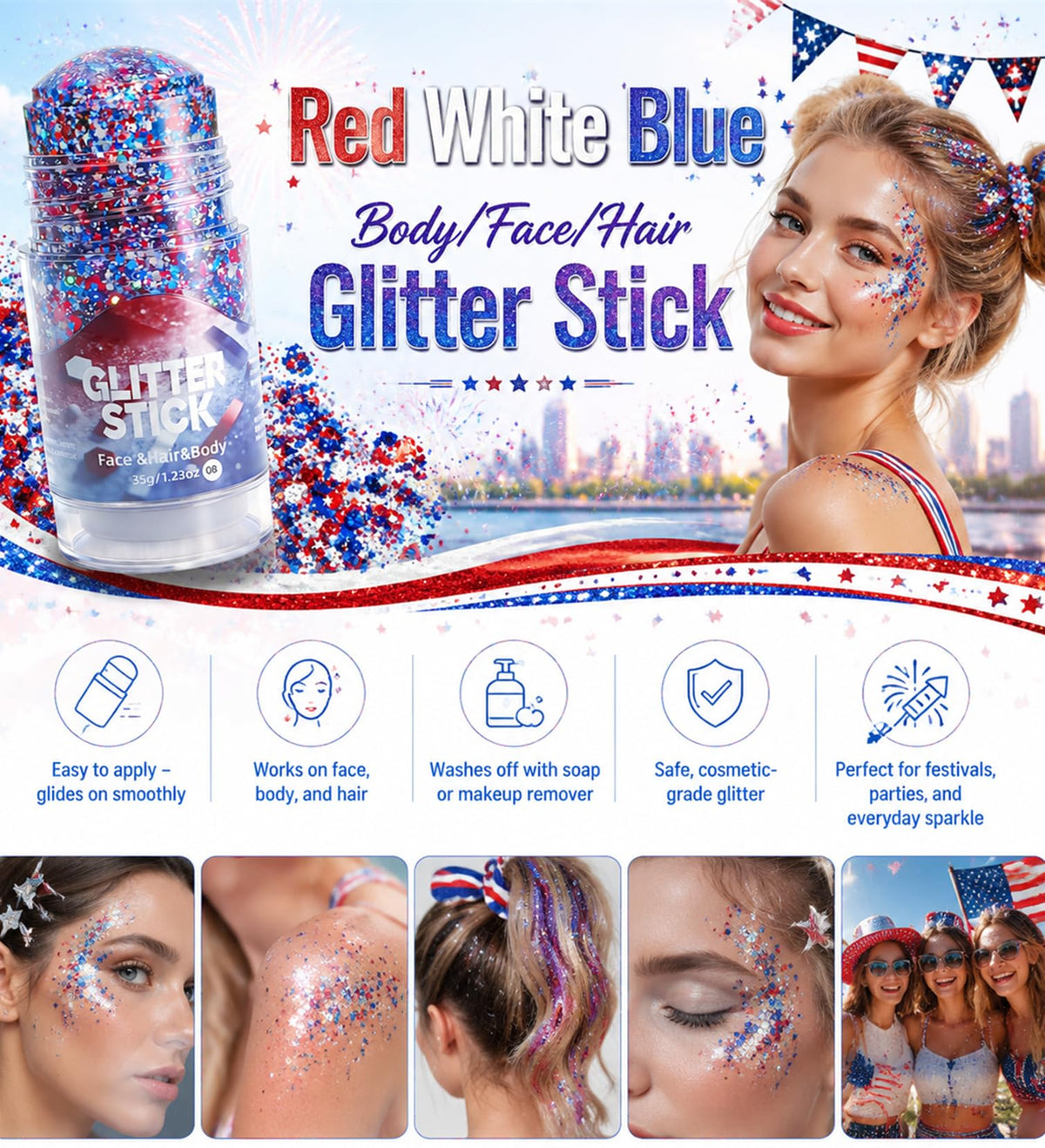Go Ho glitter stick applied to hair roots for long-lasting festive hair sparkle