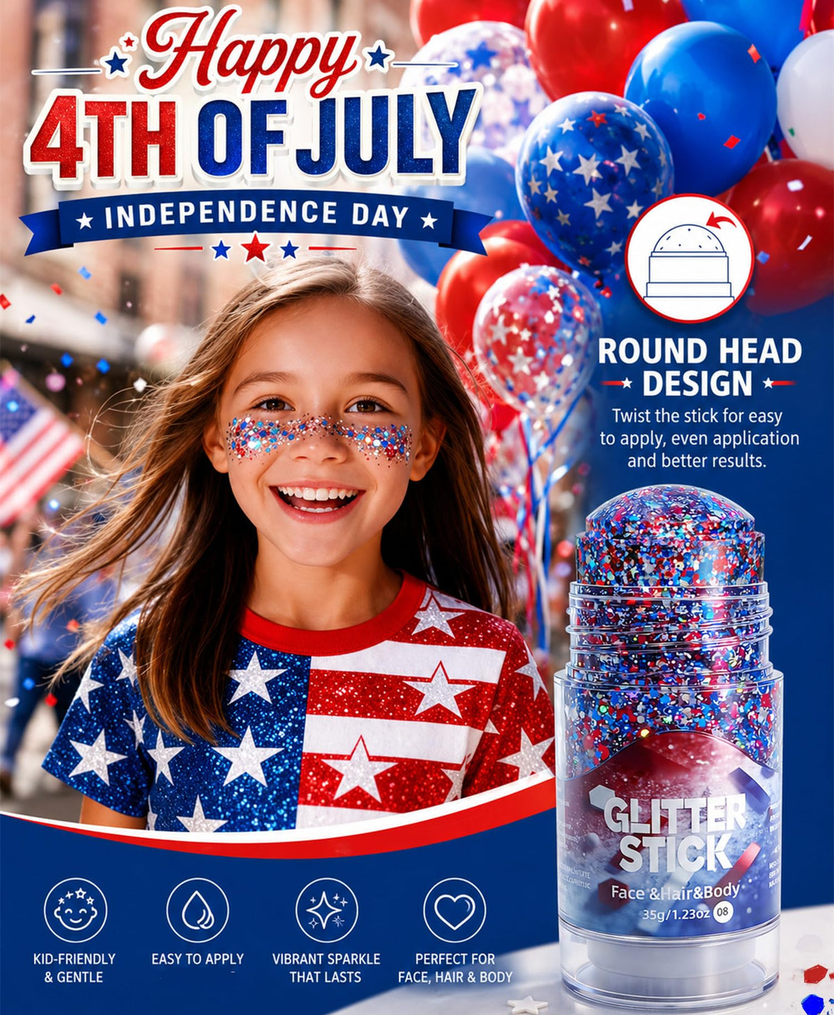 Go Ho glitter stick beside a hand for size comparison and generous 1.23oz capacity