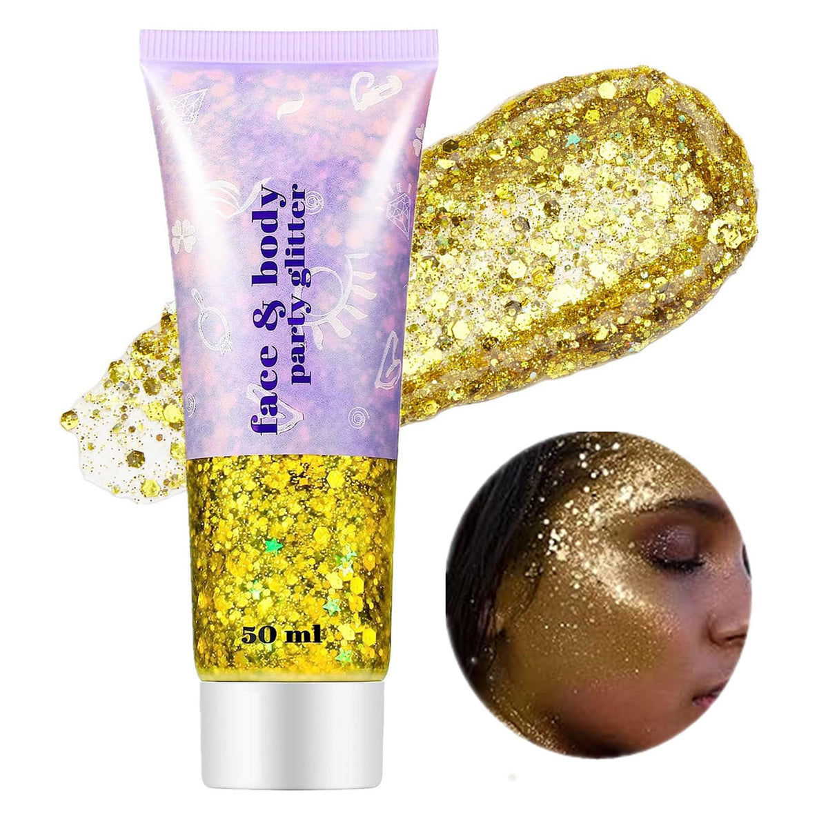 Go Ho front packaging showing gold holographic glitter gel and label benefits