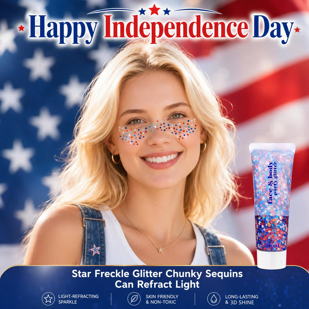 Go Ho used in hair showing subtle shine and festive red white blue highlights
