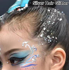 Go Ho silver glitter streaked through hair showcasing stage-ready highlights