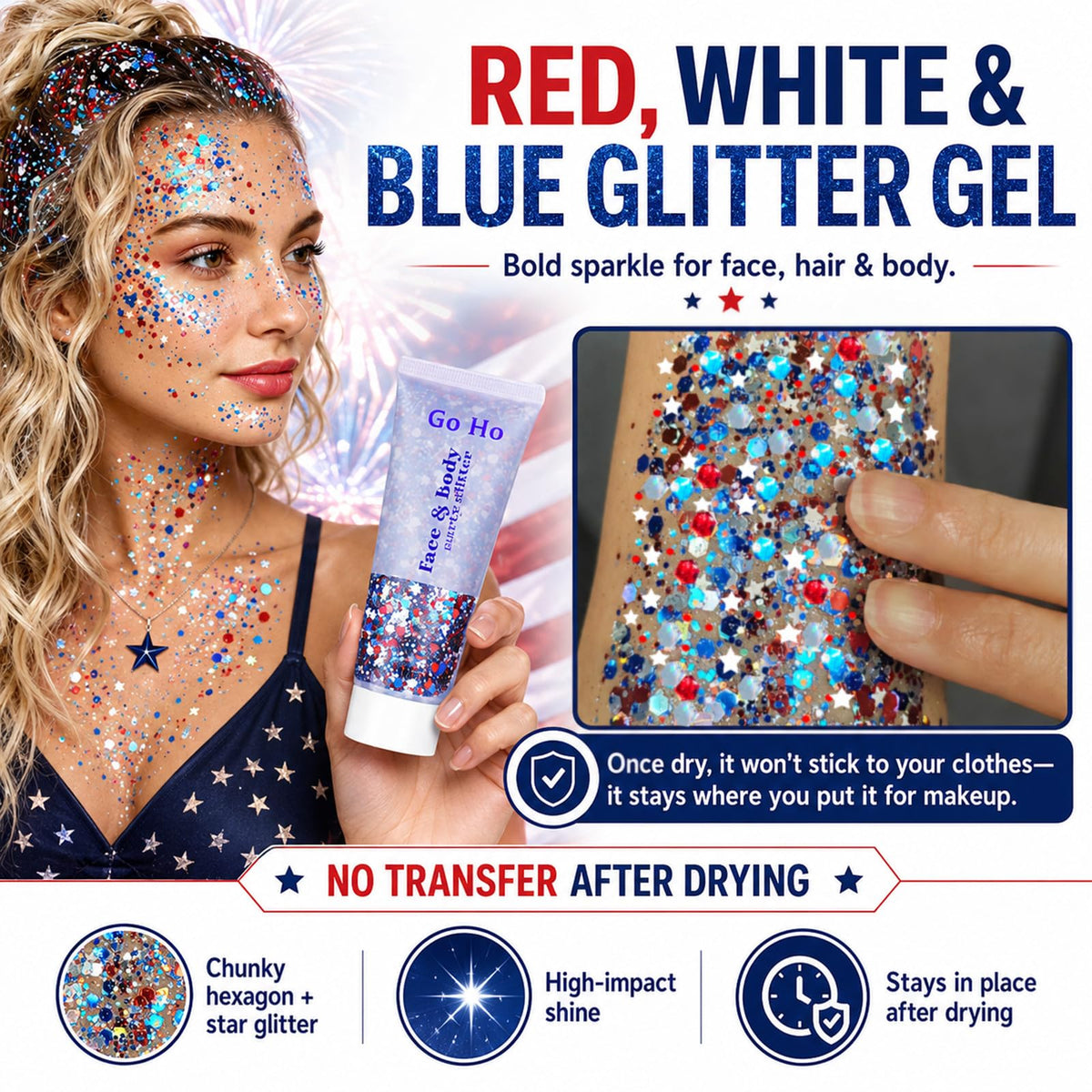 Go Ho glitter used at hair roots giving quick patriotic hair accent