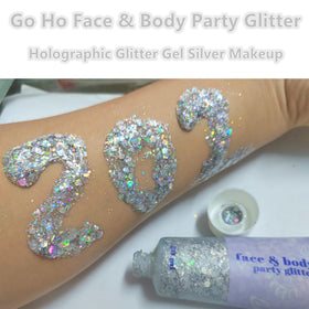 Go Ho open tube close-up of chunky holographic texture demonstrating spreadability