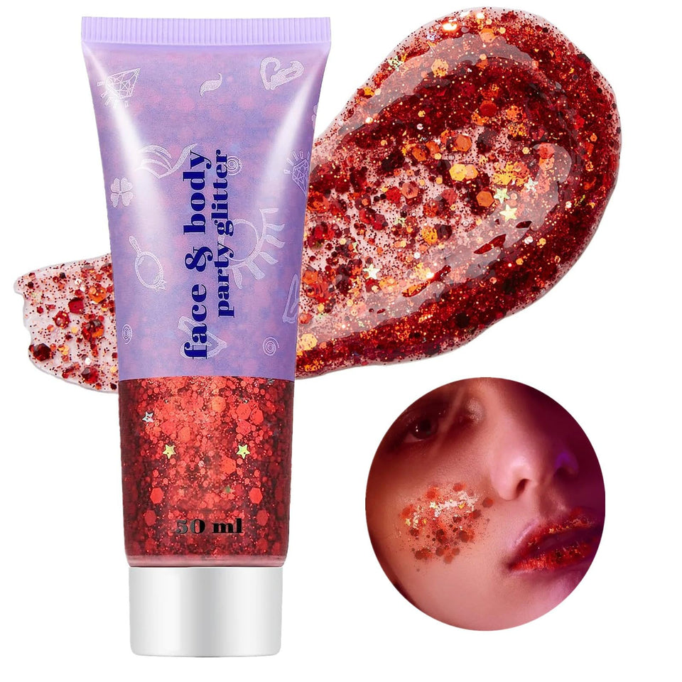Go Ho front tube showing red glitter gel, clear cap, easy dispensing benefit