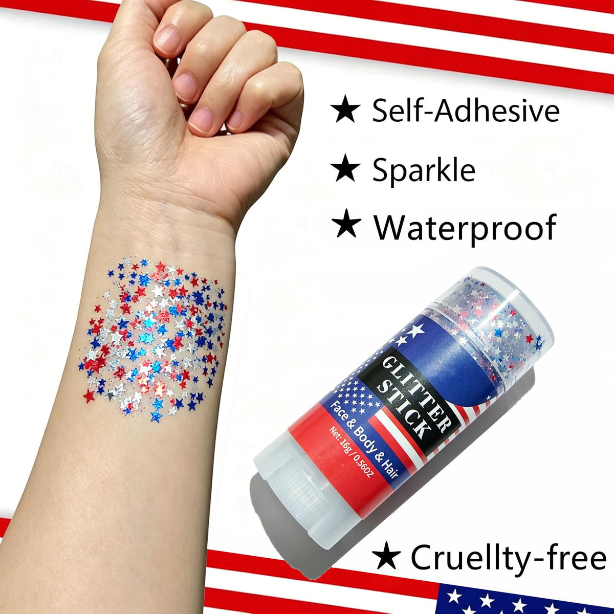 Go Ho stick texture close-up revealing star sequins and easy-glide gel for fast application
