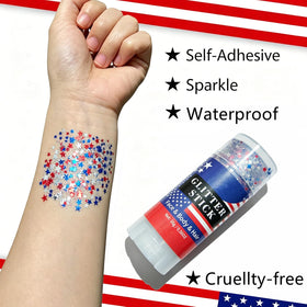 Go Ho stick texture close-up revealing star sequins and easy-glide gel for fast application