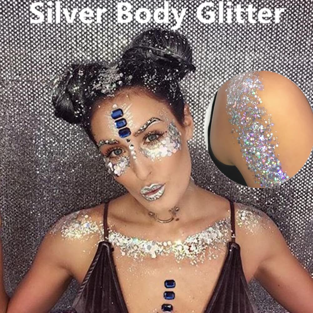 Go Ho swatch on cheekbone showing reflective silver payoff and festival-ready glow