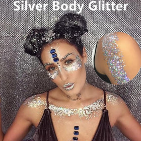 Go Ho swatch on cheekbone showing reflective silver payoff and festival-ready glow