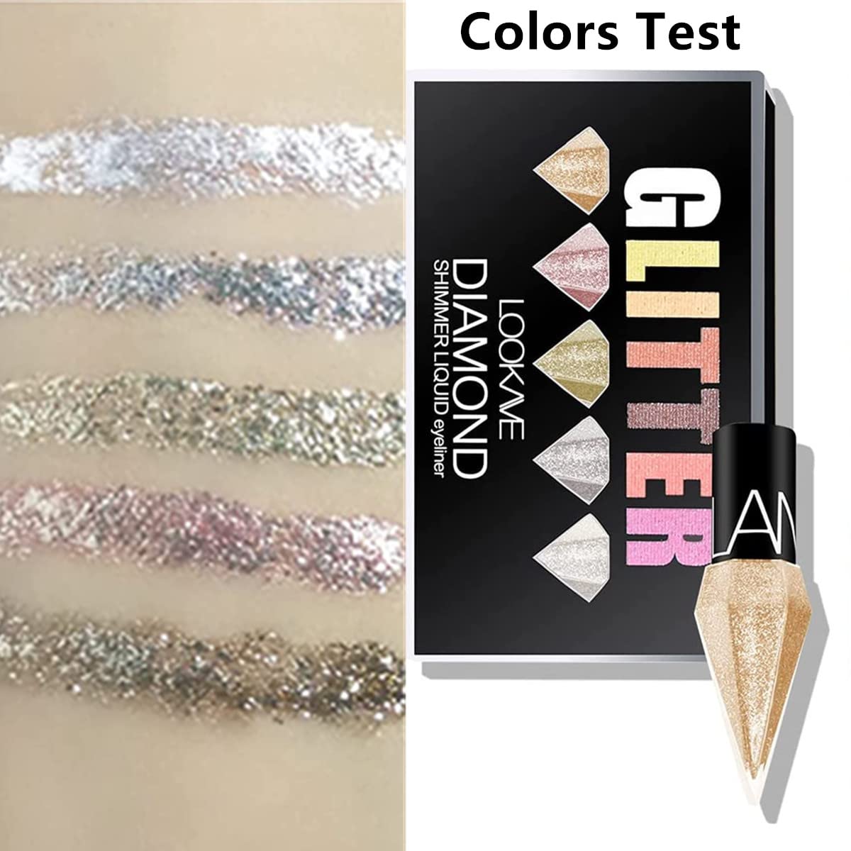 Go Ho arm swatches showing five shimmer shades and visible color payoff