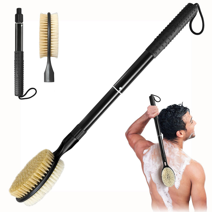 Gobetili front view of dual sided back scrubber showing full brush head and handle, easy cleaning