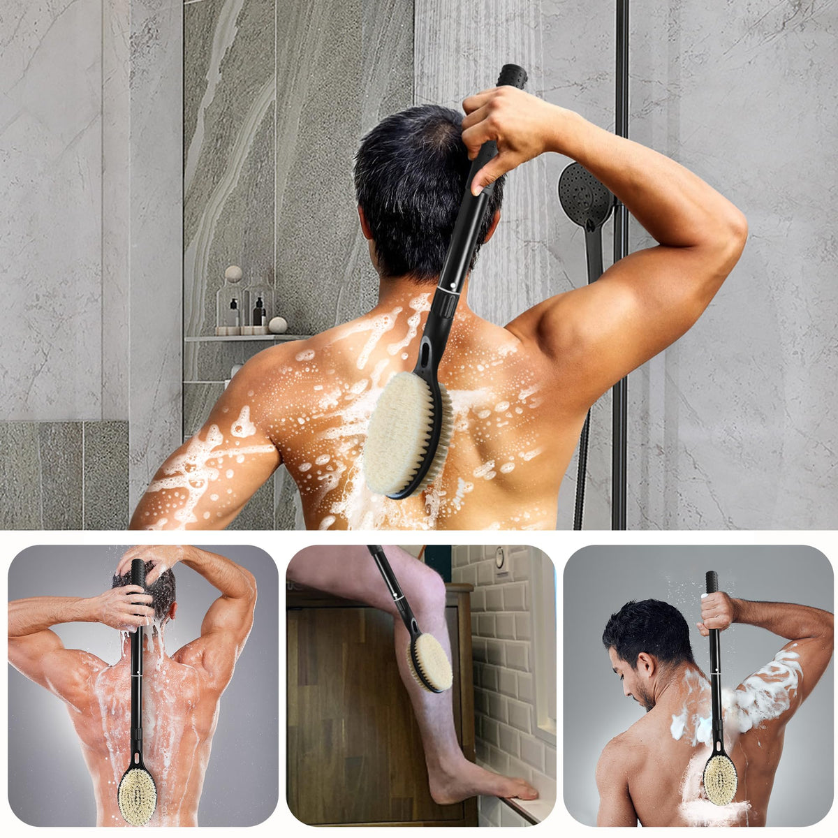 Gobetili in shower use with person reaching back to scrub, illustrating ergonomic convenience