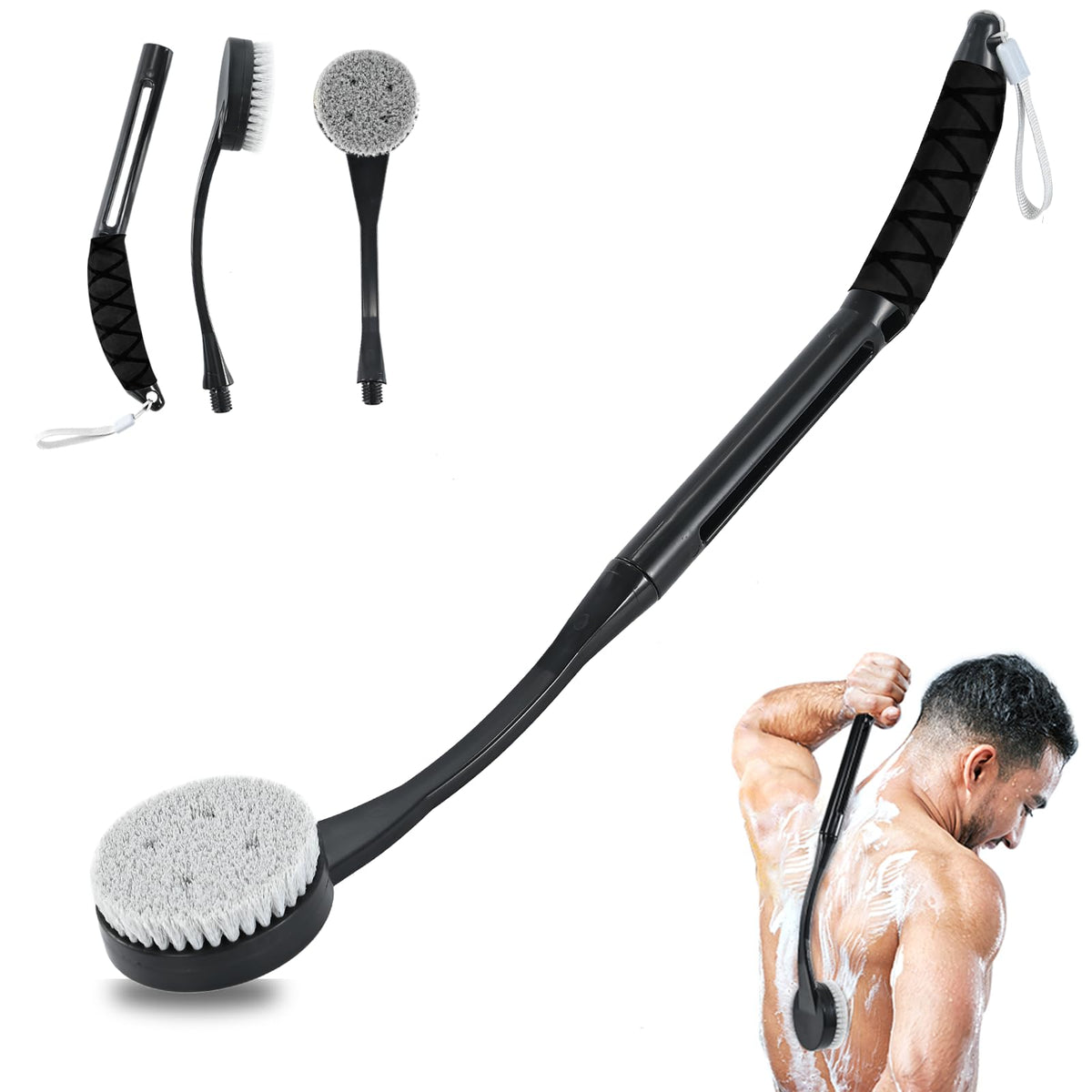 Gobetili full-length shower brush front view showing reach and design benefit