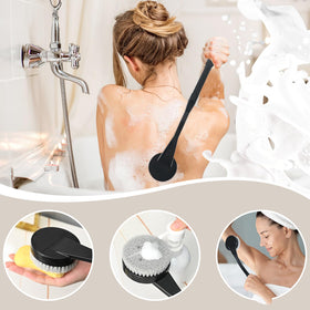 Gobetili brush in use on a model's back demonstrating effortless reach benefit