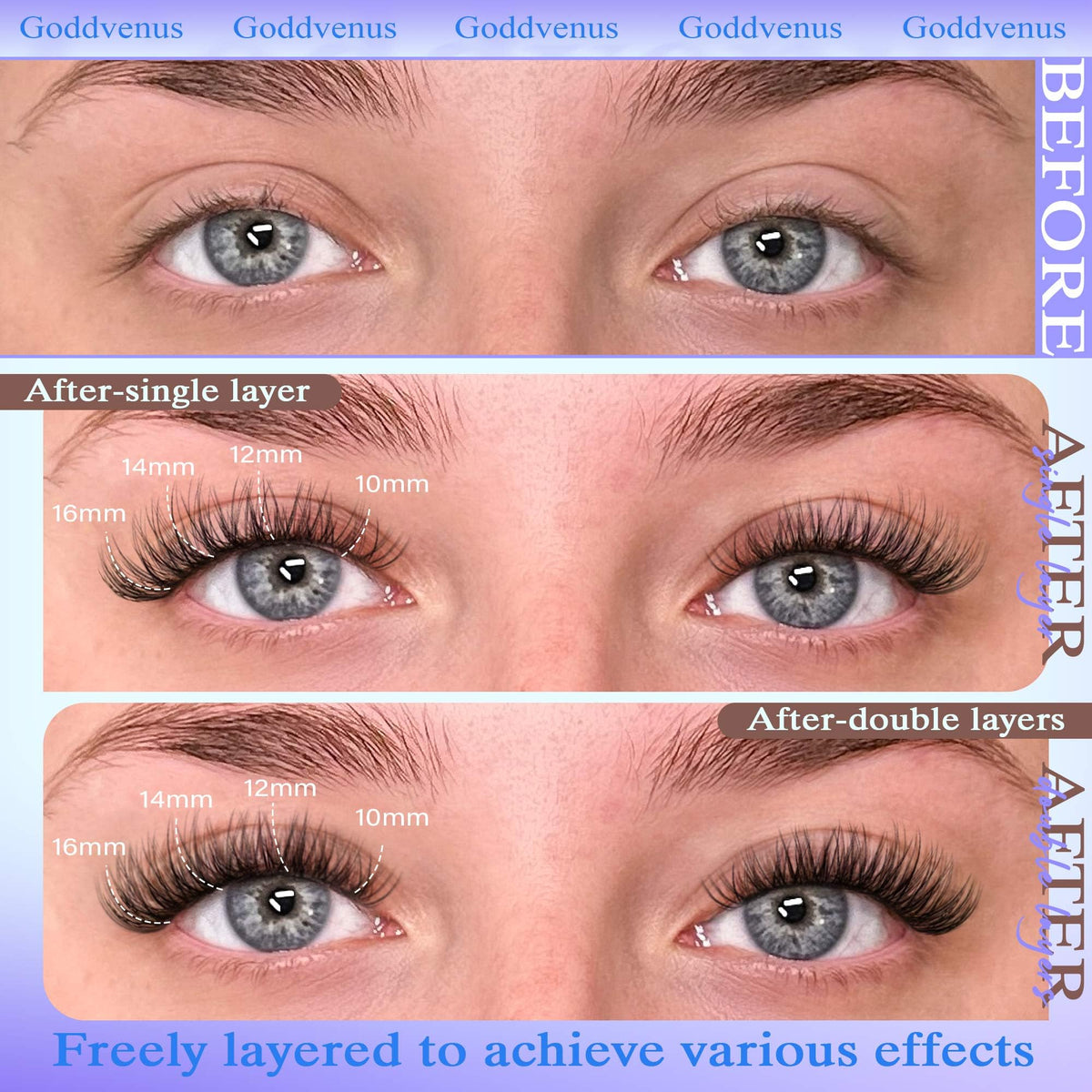 Goddvenus application demo on model eye illustrating placement and quick DIY results