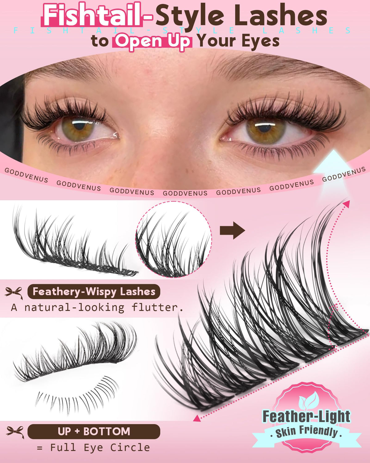Goddvenus shorter bottom lash clusters displayed to complete full eye circle