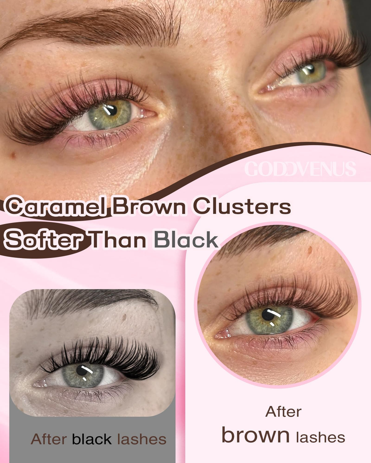 Goddvenus close-up of light brown lash fibers showing soft texture and natural blend