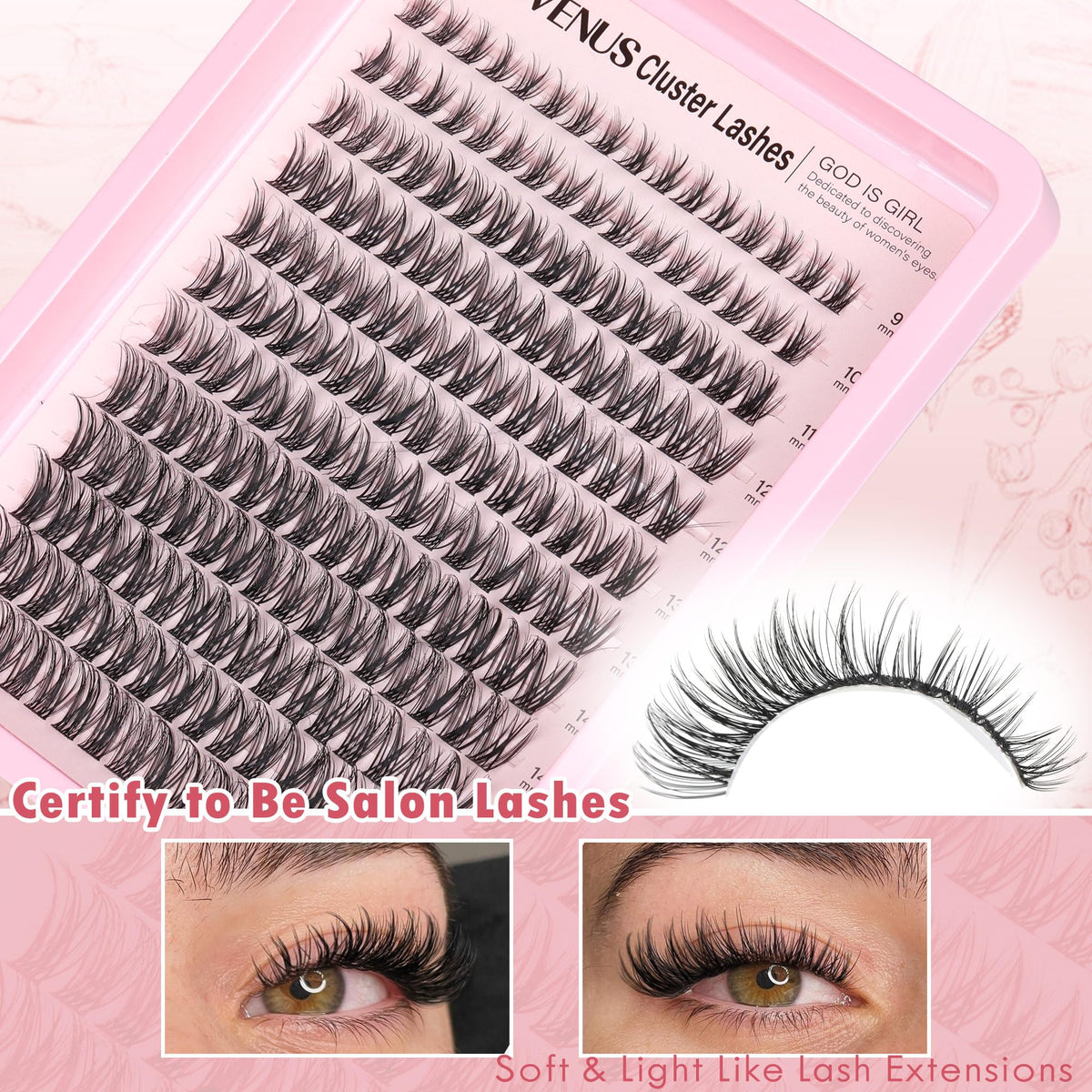 Goddvenus close-up of D curl lash clusters highlighting natural volume