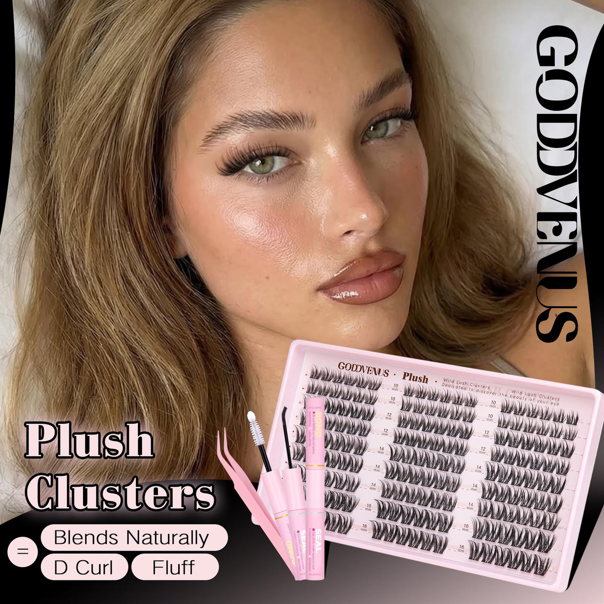 Goddvenus close-up of D-curl lash cluster texture and fluff