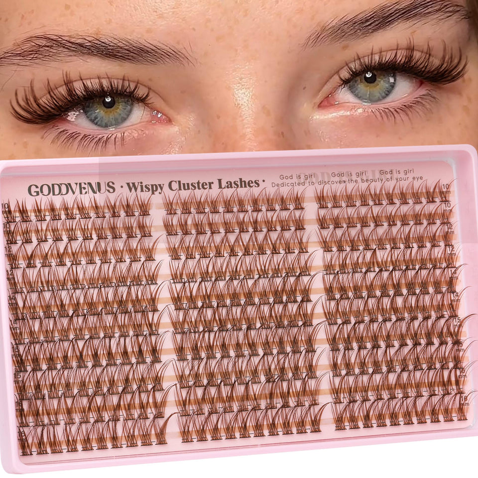 Goddvenus front packaging showing 300 brown lash clusters and benefits