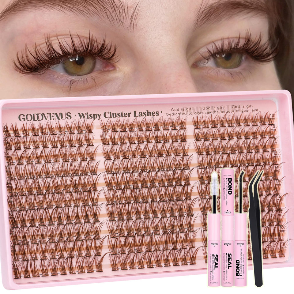 Goddvenus front packaging showing 300 brown lash clusters and included tools for easy DIY