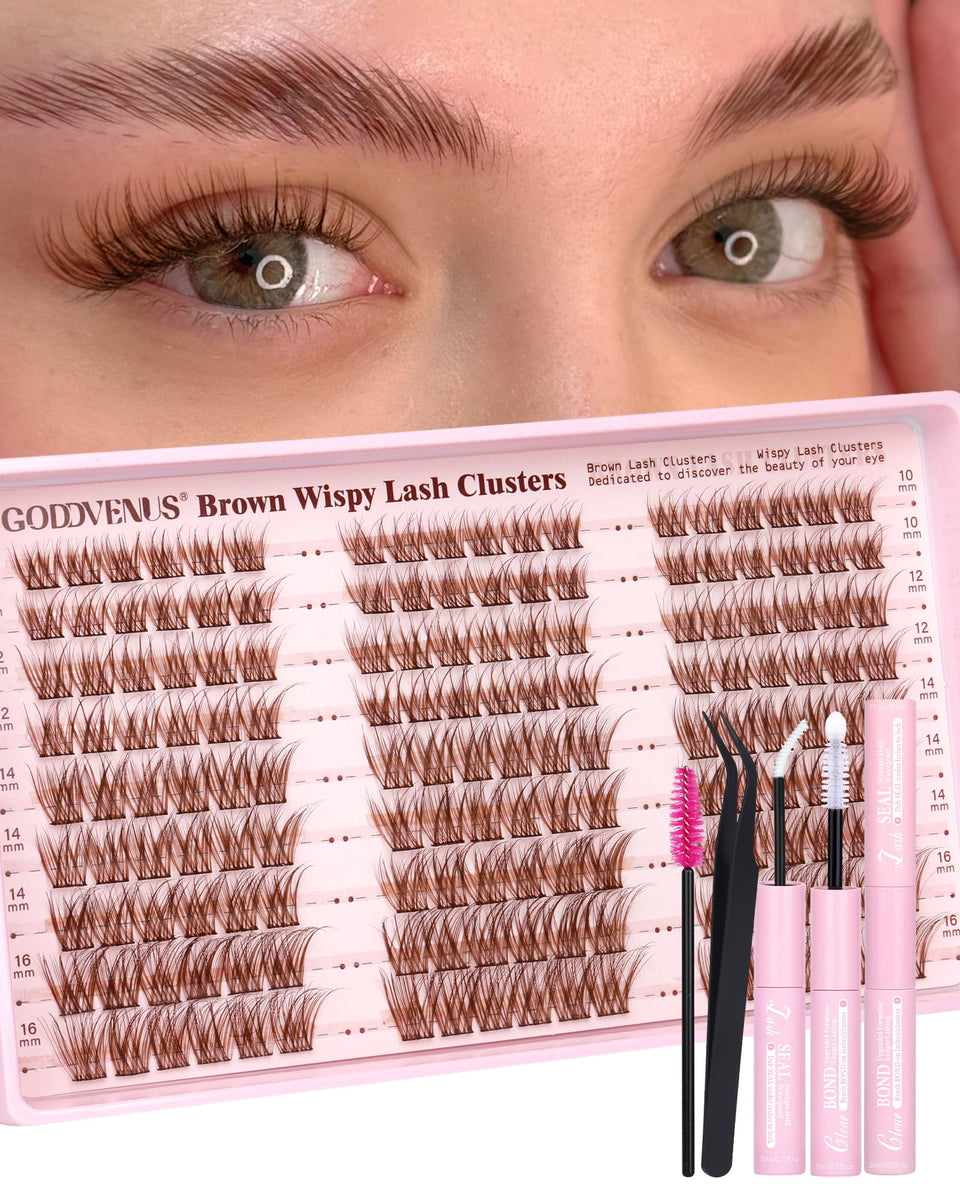 Goddvenus front packaging showing brown wispy clusters and included tools, polished presentation benefit