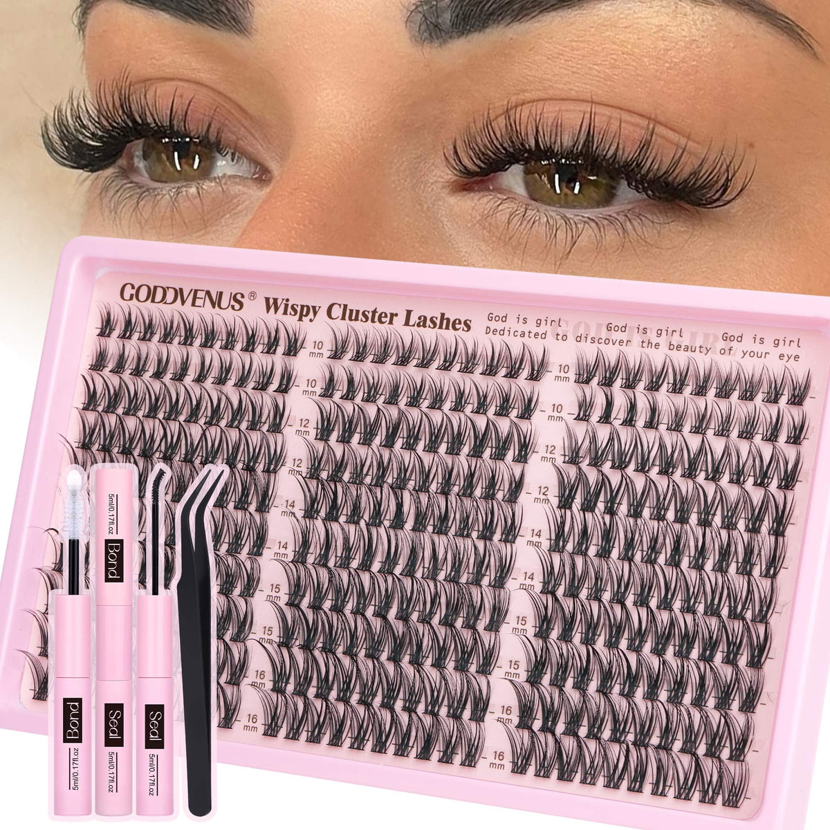 Goddvenus front packaging showing 300 lash clusters and tweezers for easy application