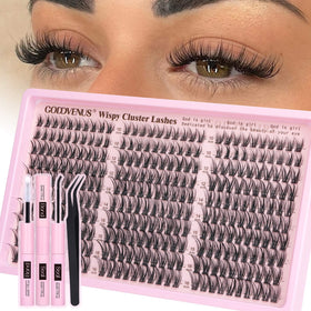 Goddvenus front packaging showing 300 lash clusters and tweezers for easy application