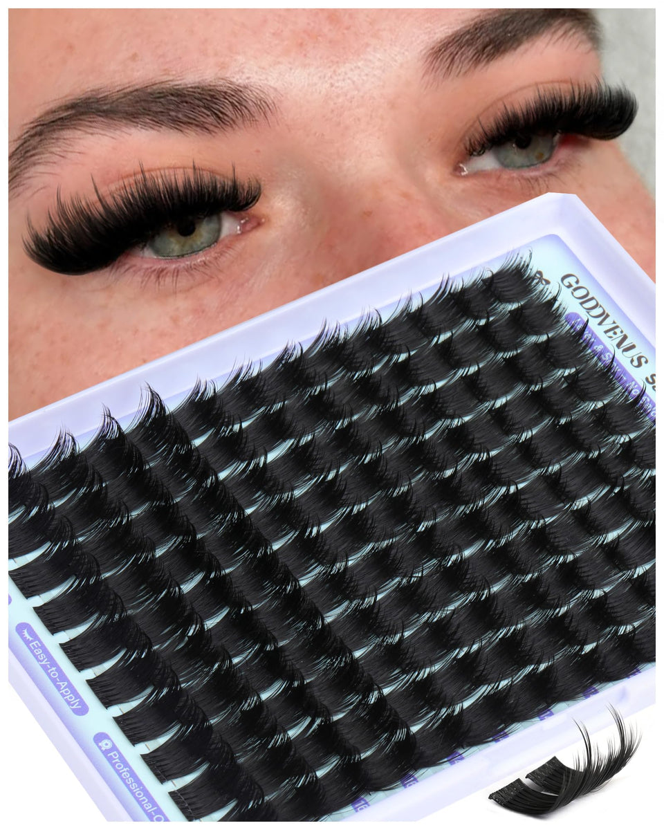 Goddvenus front packaging showing 130 cluster lashes and benefits for quick DIY
