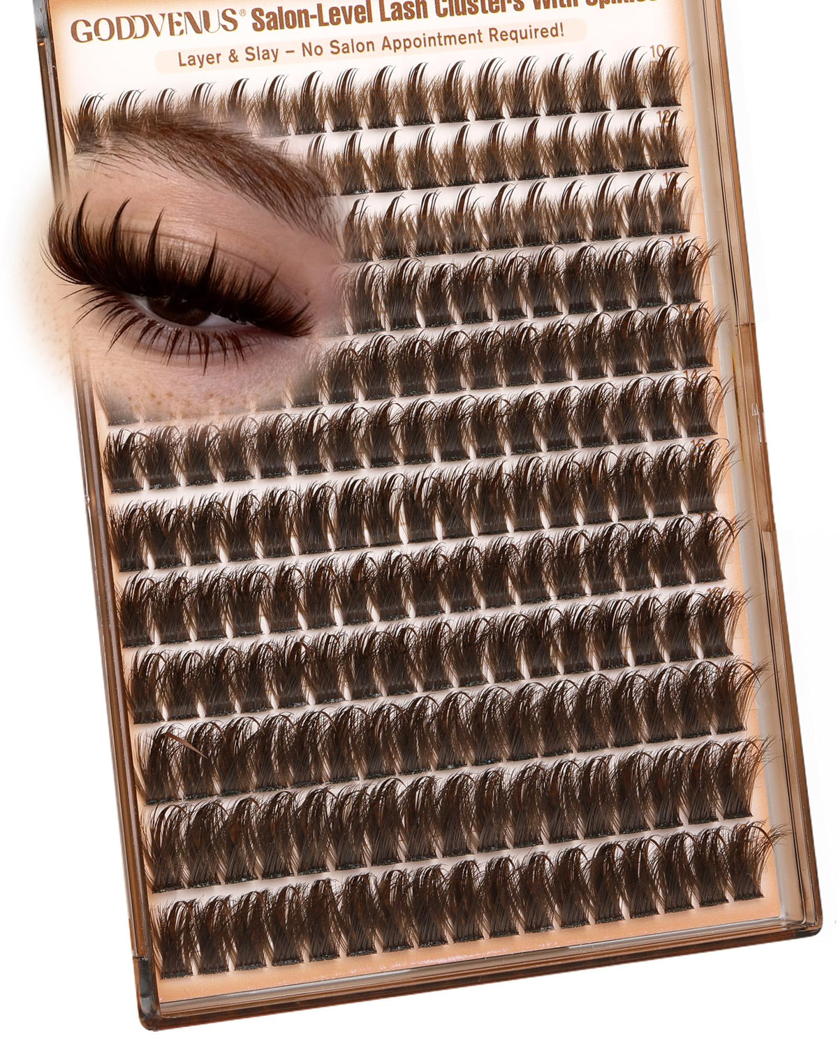 Goddvenus front packaging showing 204-piece brown manga lash clusters, quick salon volume