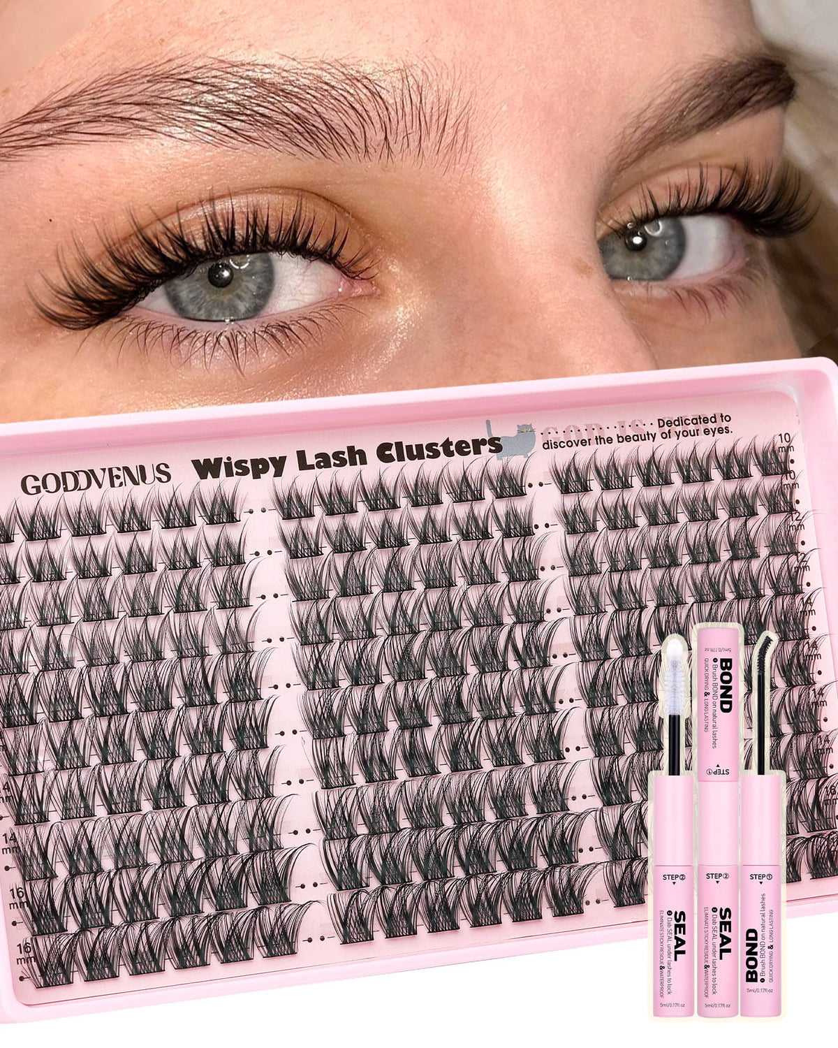 Goddvenus front packaging showing 180 wispy cluster lashes and kit benefit