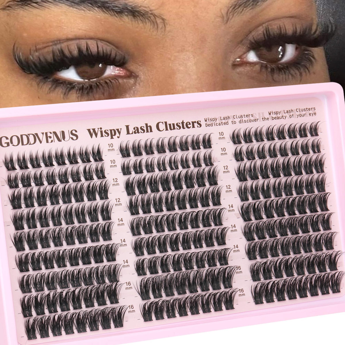 Goddvenus front packaging showing full eyelash cluster set and benefits