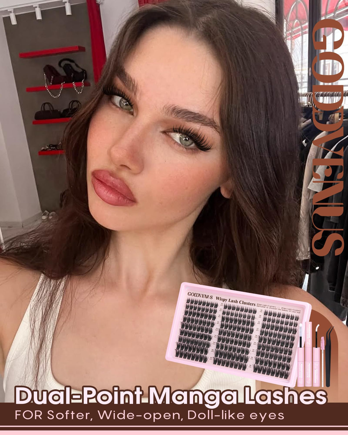 Goddvenus clusters applied on model eye showing lifted C-curl effect