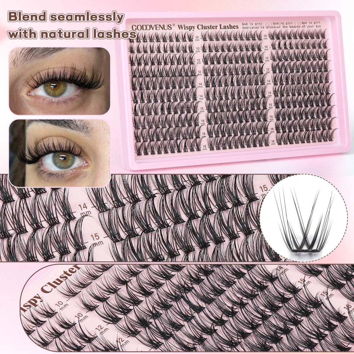 Goddvenus side profile of lashes blending with natural lashes for seamless finish