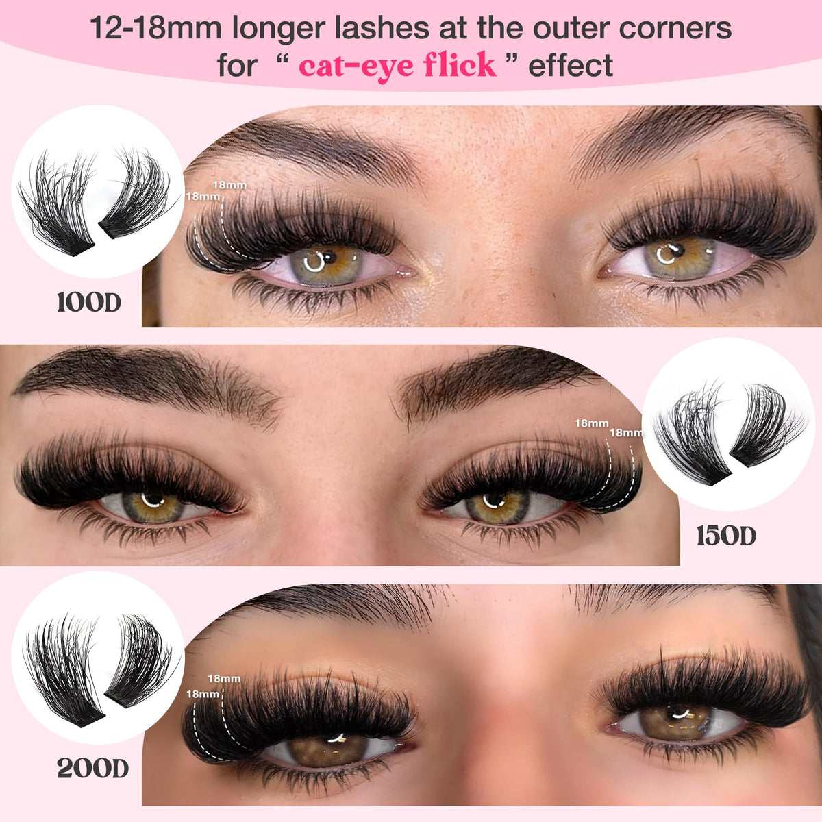 Goddvenus size and scale in hand comparing cluster lengths 12–18mm to natural lashes