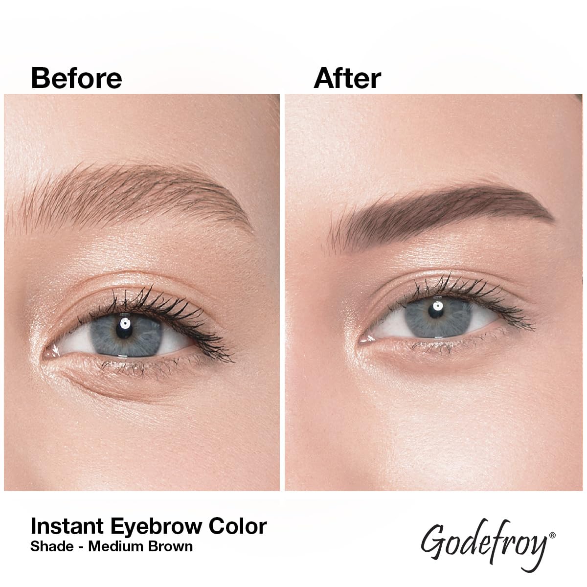 Godefroy comparison before and after brows showing fuller defined look benefit