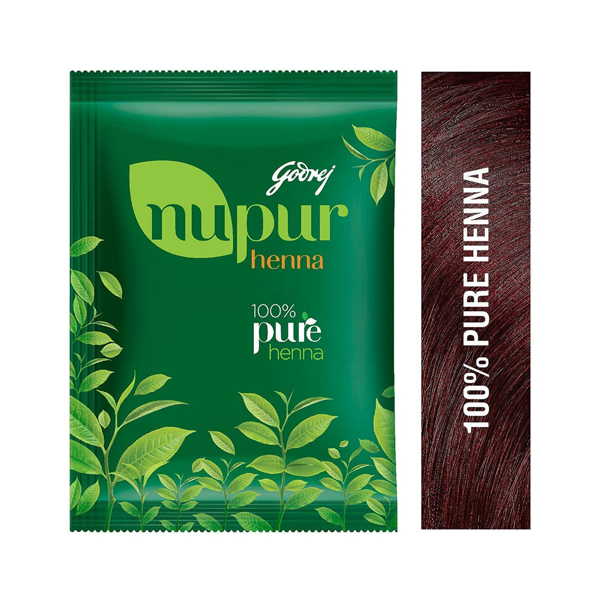 Close-up of Godrej Nupur Henna powder texture highlighting purity and conditioning benefit