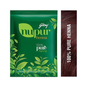 Close-up of Godrej Nupur Henna powder texture highlighting purity and conditioning benefit