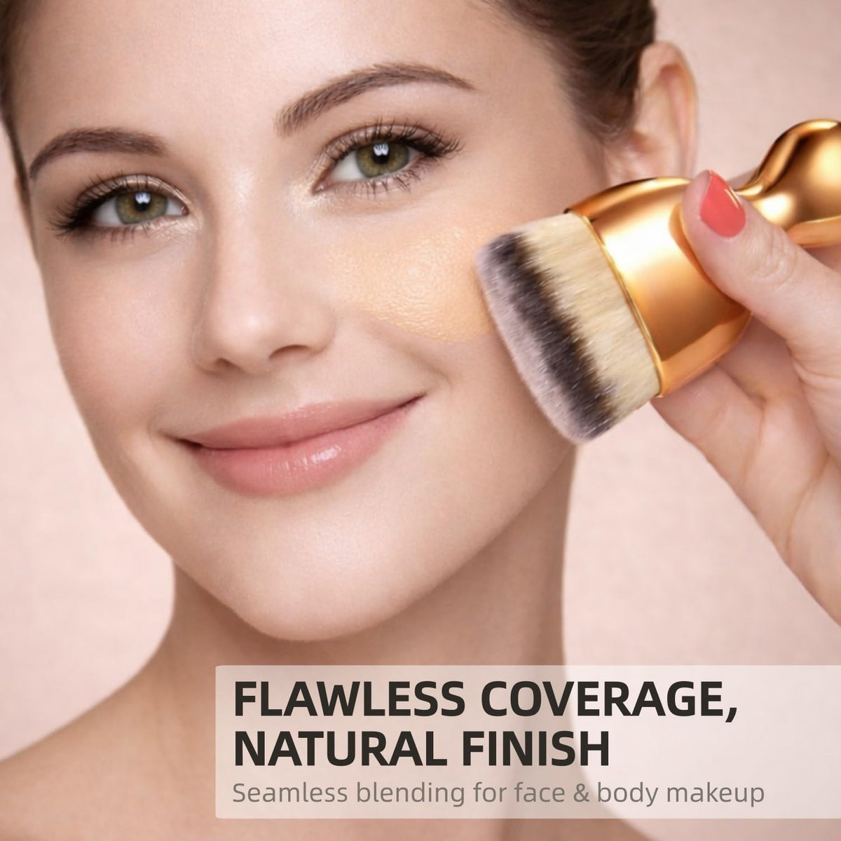 GOERTI brush applying liquid foundation demonstrating streak-free, even coverage
