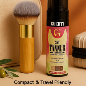 GOERTI brush in makeup bag lifestyle shot showing travel-friendly portability benefit
