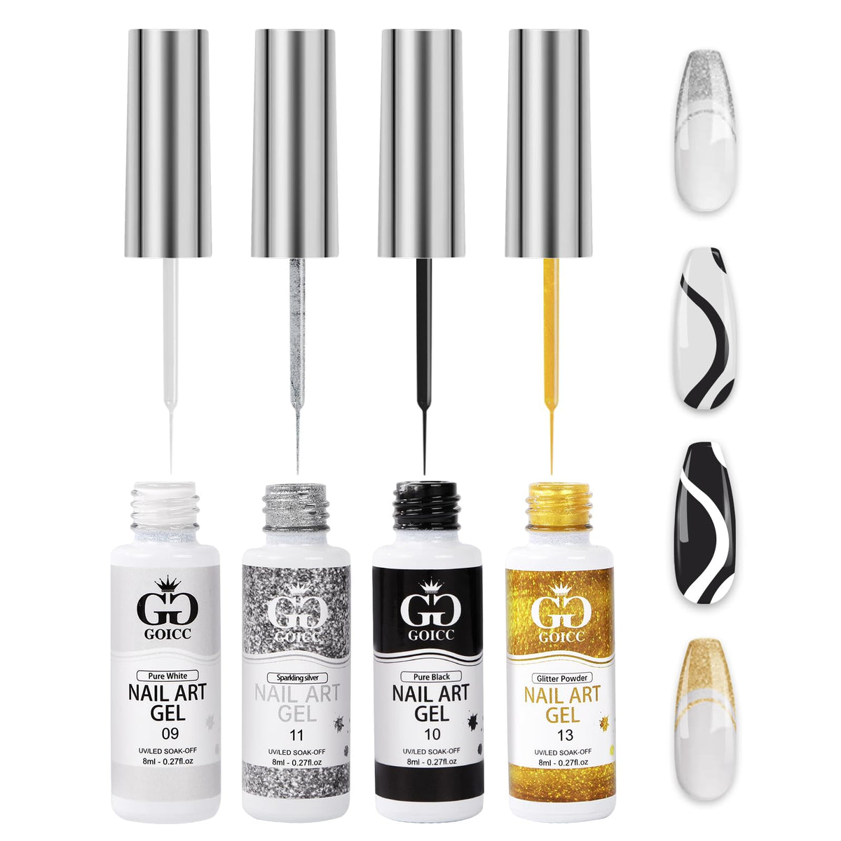 GOICC front packaging showing four 8ml gel bottles and built-in brushes for portable convenience