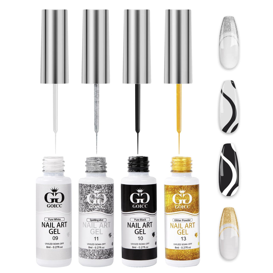 GOICC front packaging showing four 8ml gel bottles and built-in brushes for portable convenience