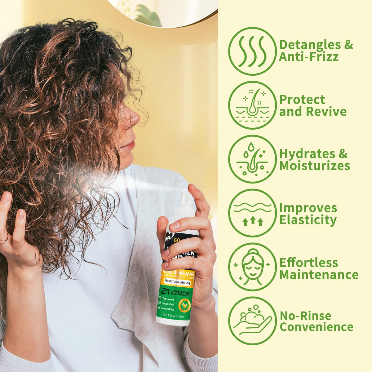 Goiple applying spray to synthetic wig mid-lengths to soften and hydrate